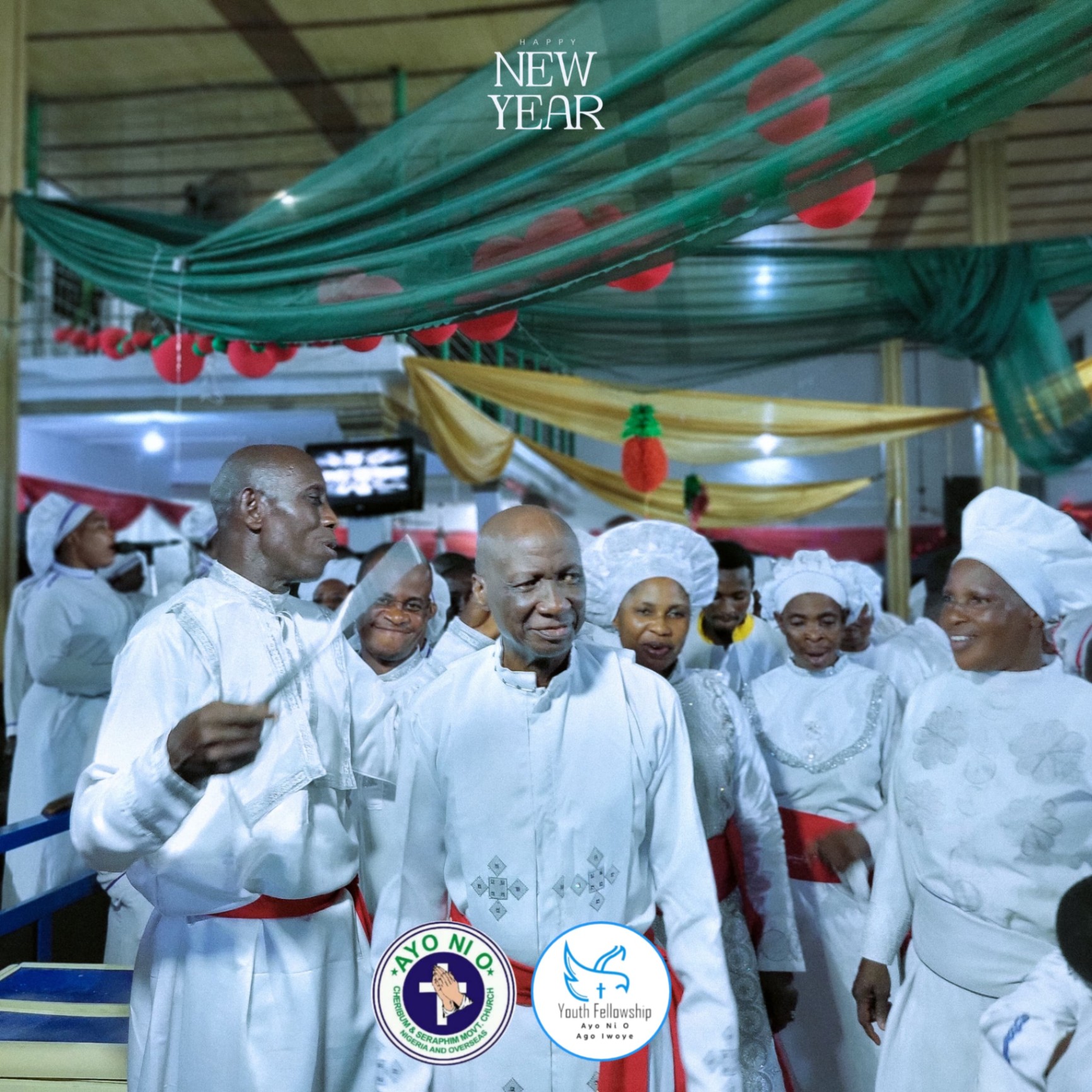 The founder among ministers and members during a New Year service